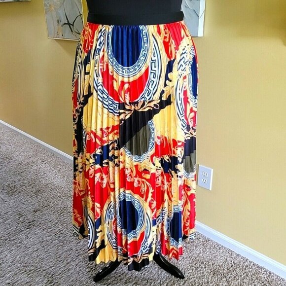Plus Pleated Versace Inspired Floral Printed Long High Waist Colored Skirt 2X - Picture 2 of 5